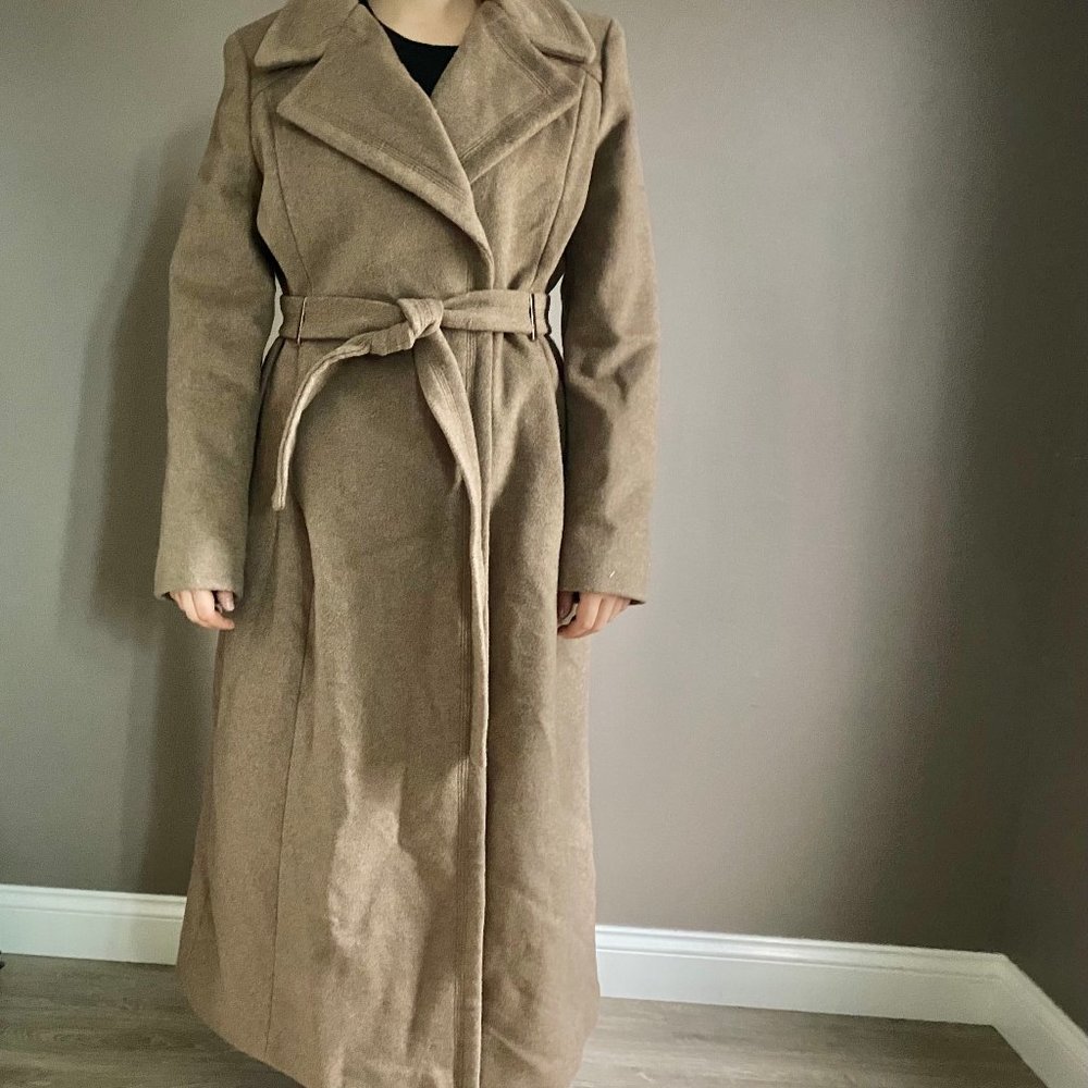 NWOT Calvin Klein Wool(63%) Long Fitted Notch Collar Hidden Closure Belt Coat 14